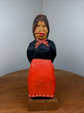 VTG Hand Carved Artist Signed Wooden Figurine Old Woman Pudge Original USA